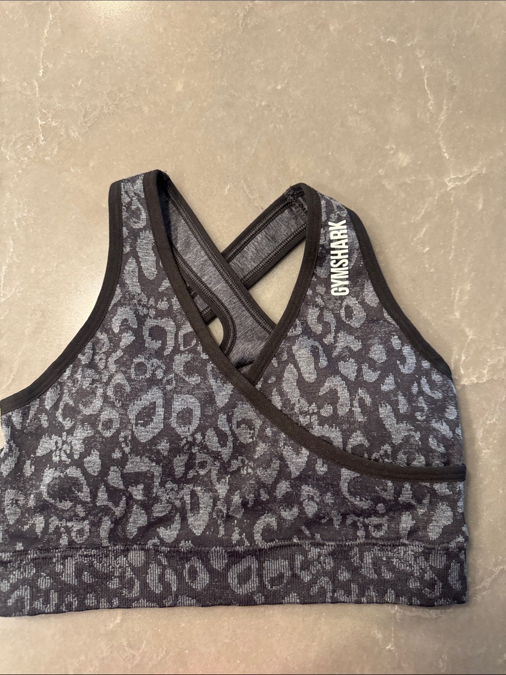 Gymshark Black & Gray Leopard Seamless Cross-Back Sports Bra